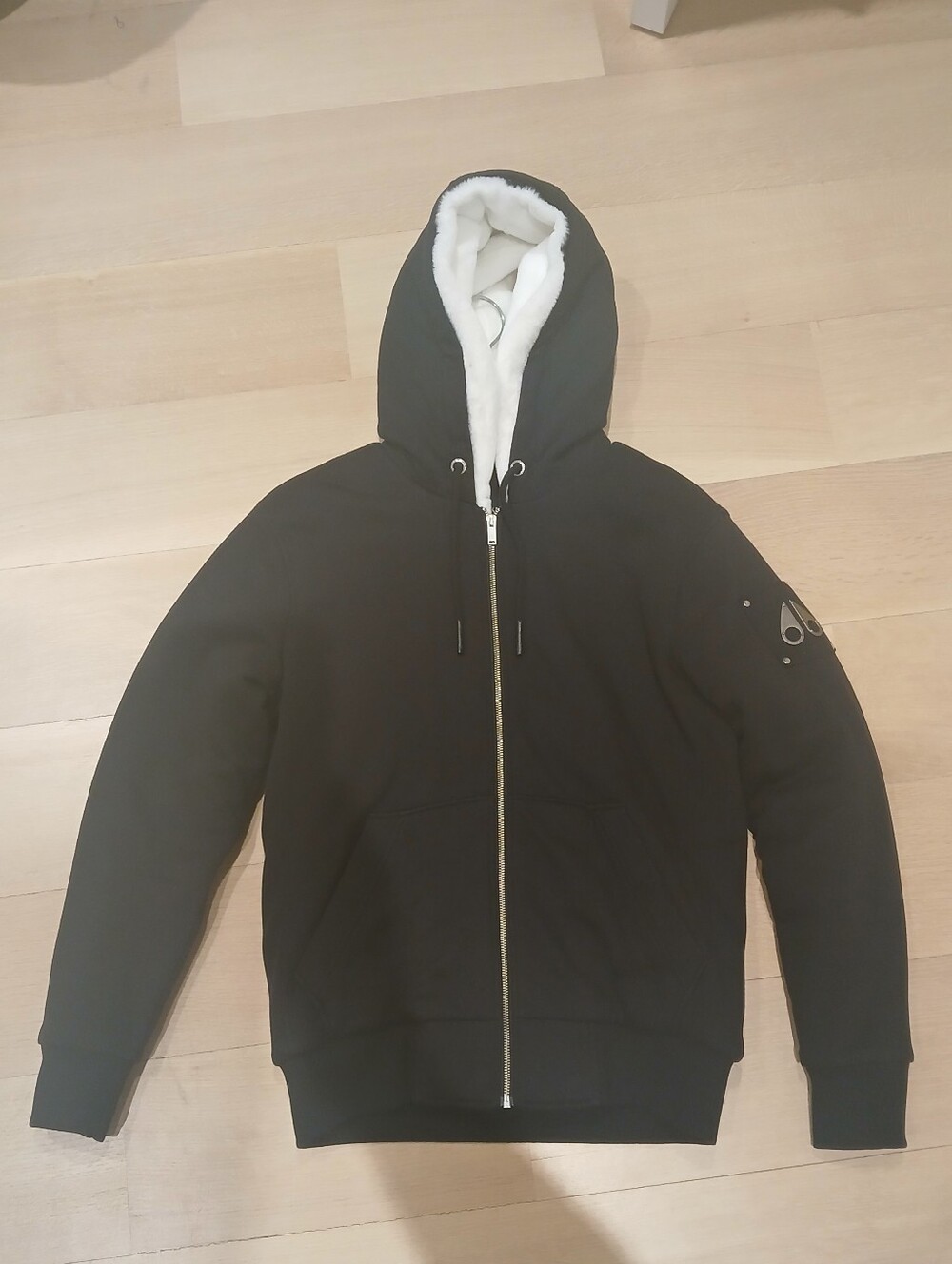 Moose Knuckles Black Zip-Up Hooded Sweater with White Sherpa Lining